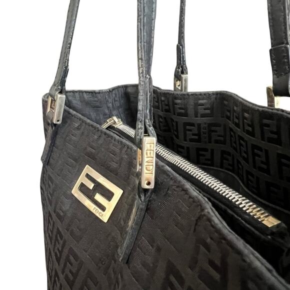 Fendi Women’s Vintage 2005 Zucchino FF Top Handle Canvas Black Silver Tote Purse - Picture 3 of 13